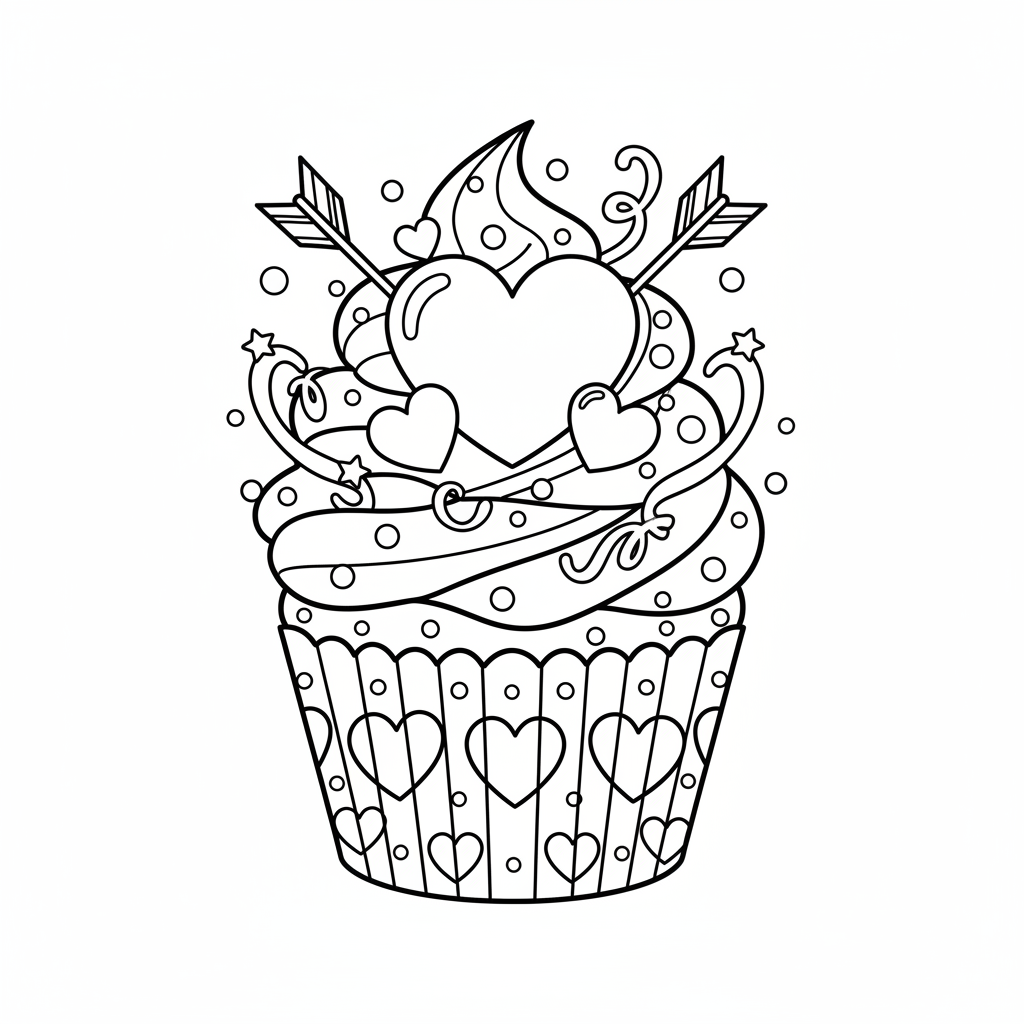 Kleurplaat cupcake met valentijn-topping