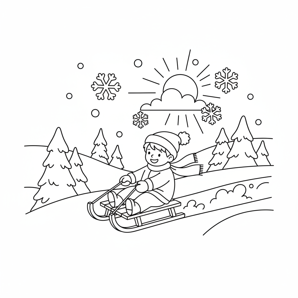 Kleurplaat Slee in de sneeuw